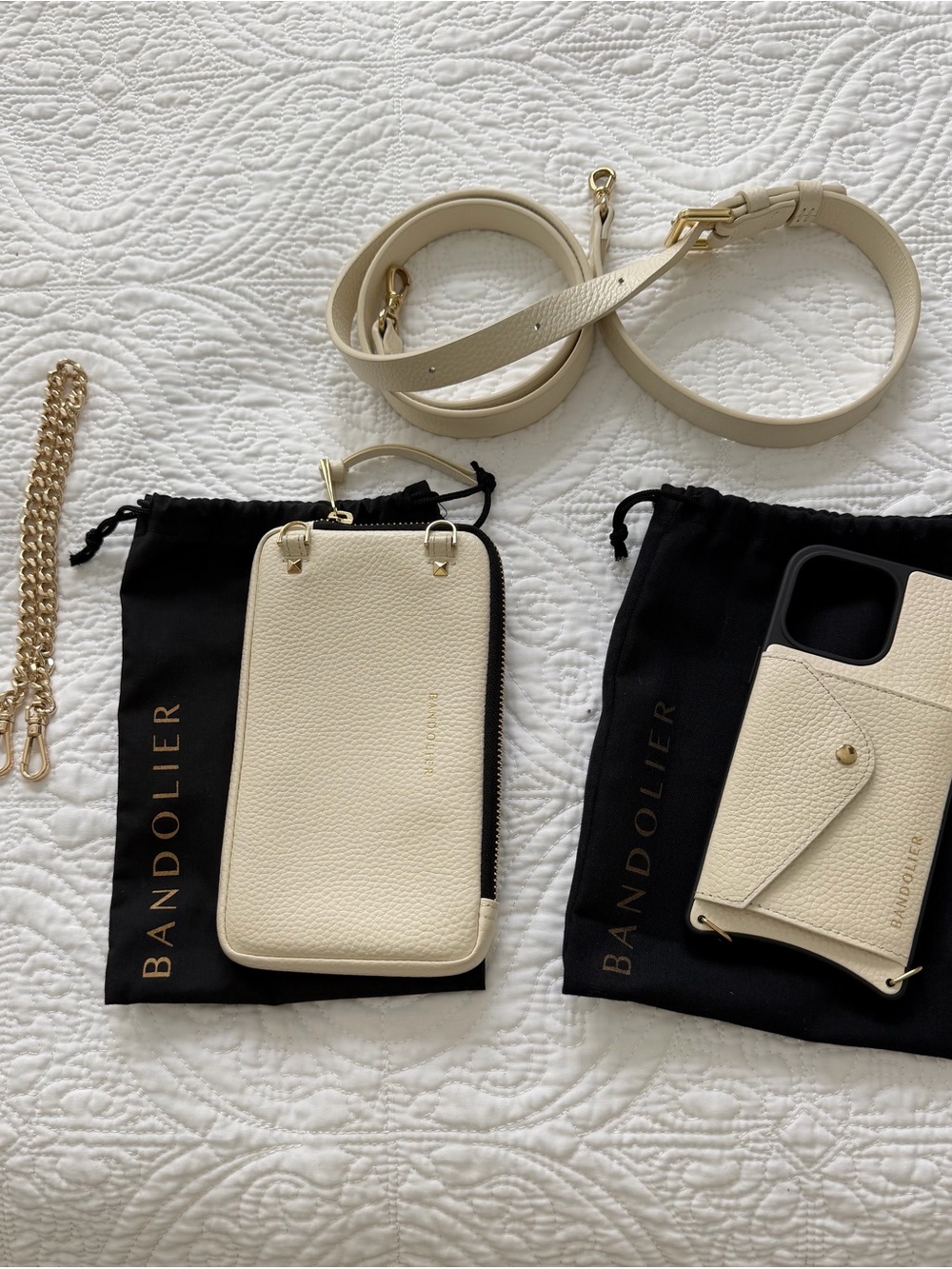 Bandolier Ivory and Gold Leather Crossbody Phone Case with Strap and Pouch